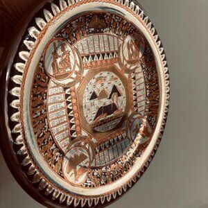 Vintage Egyptian 10" Etched Brass Copper Silver Wall Plate, Pyramid & Sphin…